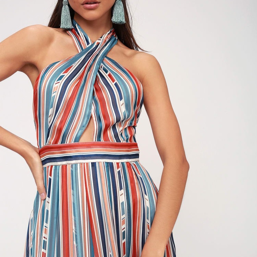 ASTR XS Teal Blue Striped Halter Midi Dress
